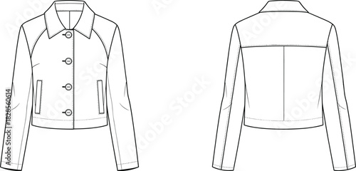 Women's cropped jacket technical flat sketch, front and back view, button closure, classic collar, welt pockets, long sleeves, fashion illustration, vector drawing