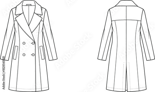 Women's Double Breasted Mid-Length Classic Trench Coat Overcoat Lapel Collar Fashion Flats Technical Sketch Vector Illustration Front and Back View CAD Template