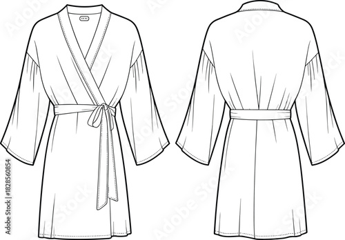 Belted women’s kimono robe with wide sleeves, front and back flat sketch, minimalist fashion design, CAD vector illustration