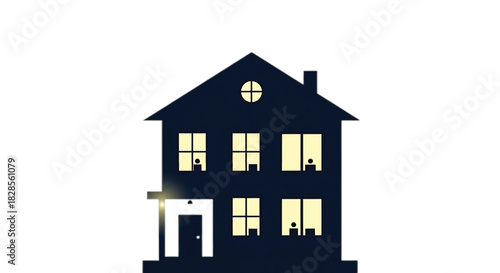 Cozy silhouette of a dark house at night with warm lights glowing from windows, suggesting home and comfort.