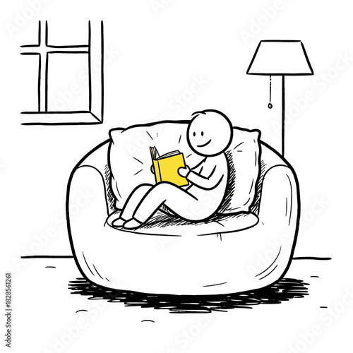  Evening, Book, Stick figure reading a book while seated on a cozy armchair indoors  