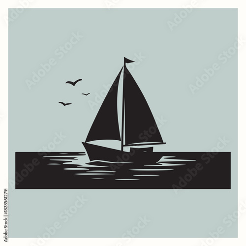 Black Sailboat Silhouette Vector Illustration Ocean Water