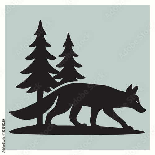Walking Fox Silhouette Vector Illustration in Forest