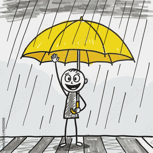 Waiting for a Taxi in the Rain. Cartoon character smiling while holding yellow umbrella in rain  