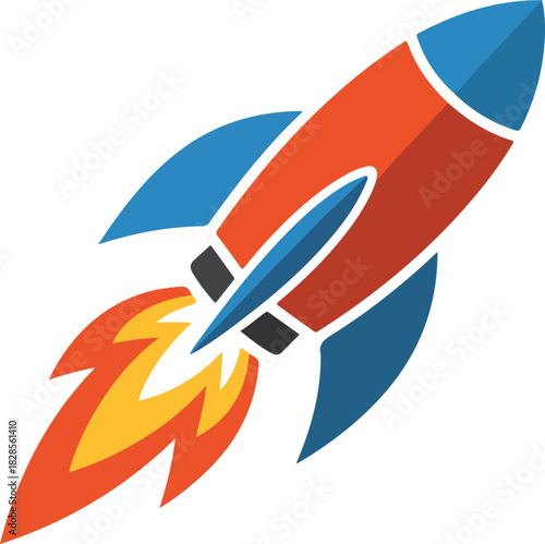 Red rocket vector icon launching upwards with orange and yellow flames against transparent background
