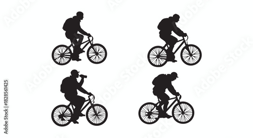 Collection of four distinct black silhouettes of a cyclist wearing a backpack while riding a mountain bike. Vector set showing different actions like drinking, perfect for active lifestyle designs.