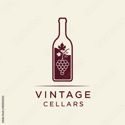 Vintage Cellars Wine Bottle Logo with Grapes and Leaves.
