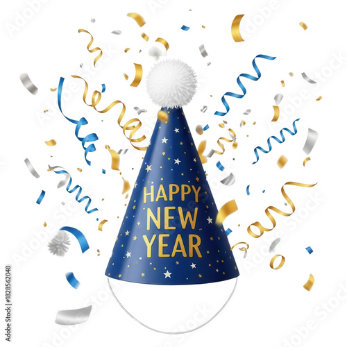 Happy new year party hat with colorful confetti isolated on transparent background