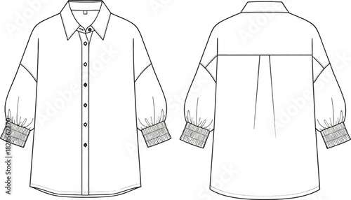 Women's balloon sleeve shirt front and back view, button down design with ribbed cuff detail, fashion cad drawing vector illustration