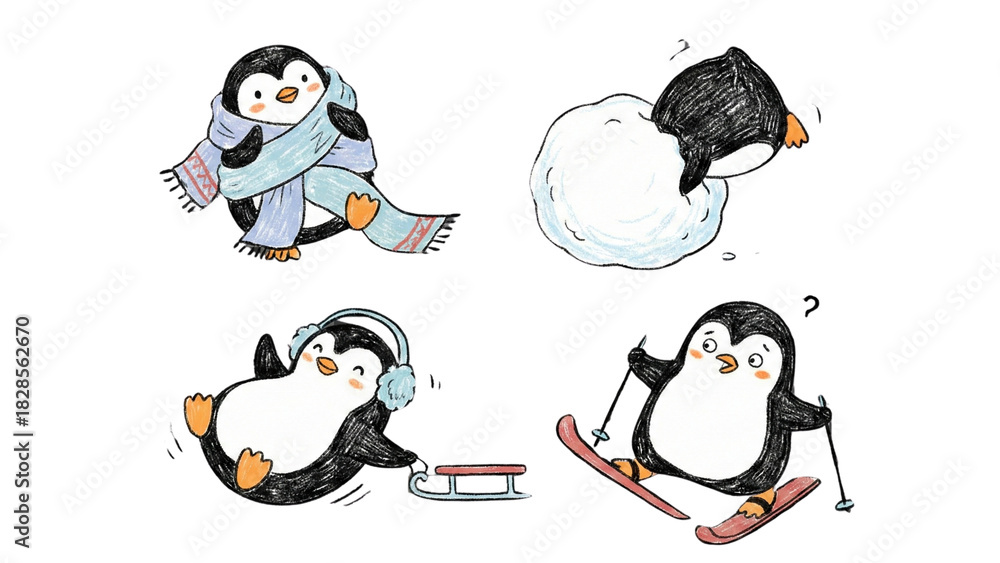 Obraz premium Cute Cartoon Penguins Playing in Snow with Accessories and Winter Activities
