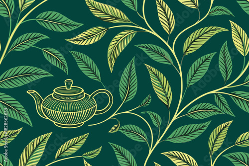Elegant Tea Leaves And Teapot With Flowing Premium Digital Asset