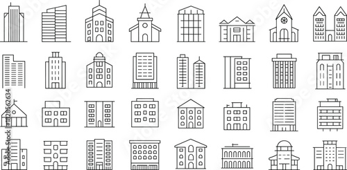 Black and white building icons set, city architecture line art, office, church, apartment, residential and commercial structures, urban design