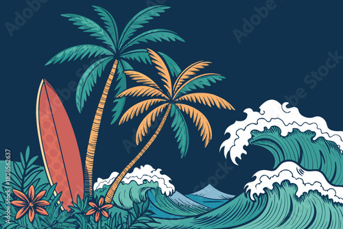 Dynamic Tropical Beach Elements Palm Waves Surfb Creative Visual
