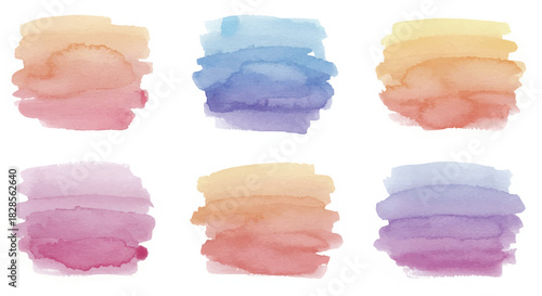Collection of colorful watercolor gradient swatches. Hand-painted abstract brushstroke elements for design, isolated on a white background. Set of artistic paint textures.