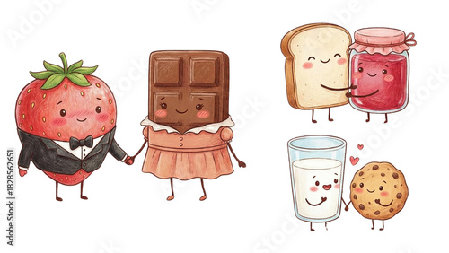 Cute Cartoon Characters of Strawberry, Chocolate, Bread, Jam, Milk, Cookie in Playful Scene