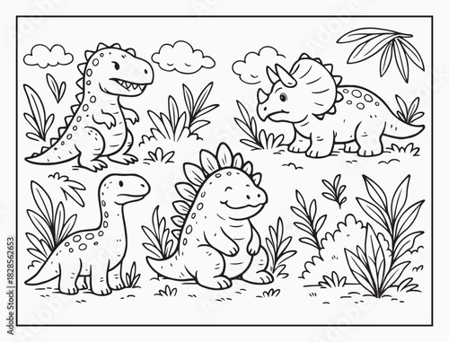 Cute funny adventure dinosaurs lineart coloring book for study
