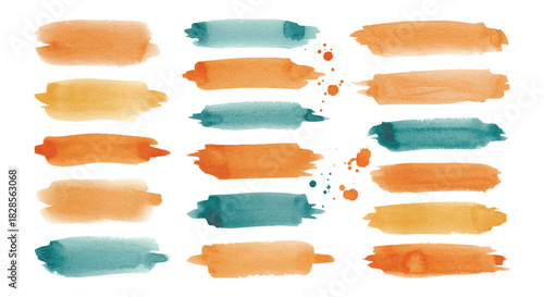 Dynamic collection of hand-painted watercolor brush strokes in warm orange, yellow, and cool teal tones, ideal for artistic graphic design, textured backgrounds, and creative digital art projects.