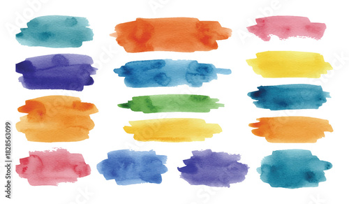 Vibrant watercolor brush strokes collection. Artistic paint texture swatches in diverse colors, perfect for creative graphic design, abstract backgrounds, and decorative art projects.