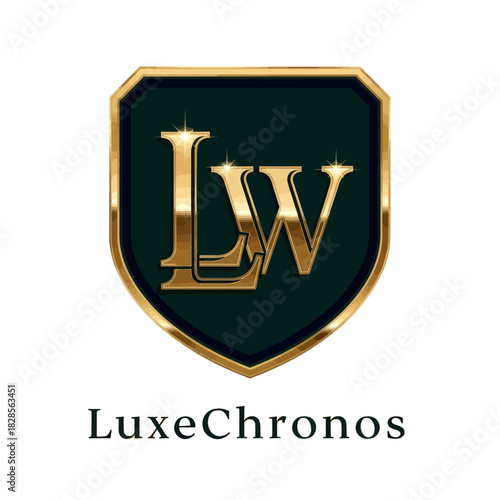 Golden LW Monogram on Dark Green Shield Logo for LuxeChronos Brand.