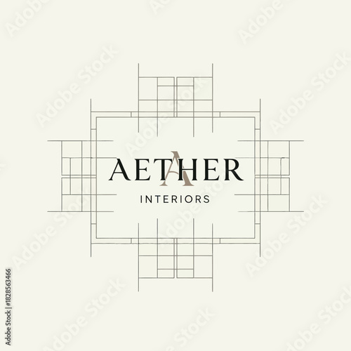 Aether Interiors Logo Design Architectural Blueprint Style.