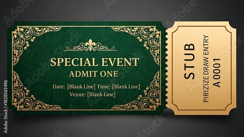 Elegant green and gold special event admission ticket with detachable stub for entry or raffle