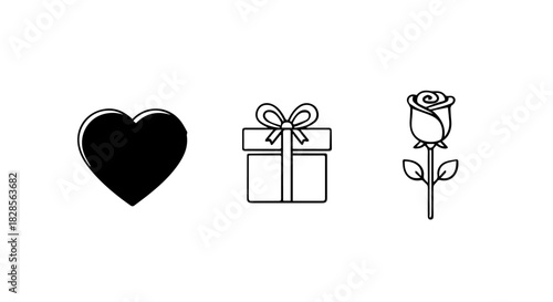 Collection of heart, gift, and rose icons symbolizing love, romance, and thoughtful gifting.