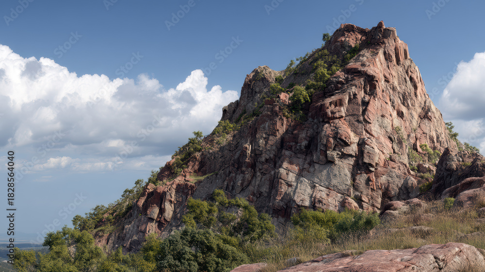 Fototapeta premium A majestic rocky mountain peak, partially covered with sparse vegetation, rises under a blue sky dotted with fluffy white clouds on a bright summer day scene.
