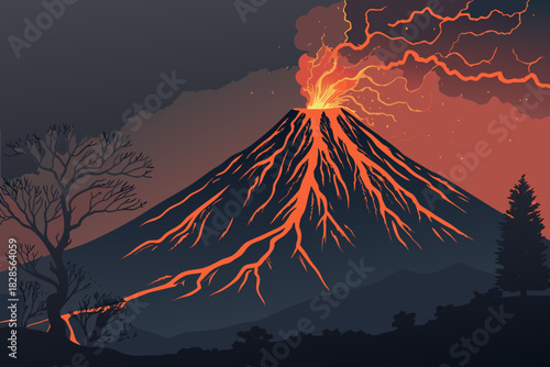 Volcano Silhouette With Glowing Lava Lines Creative Visual Great for Commercial Projects