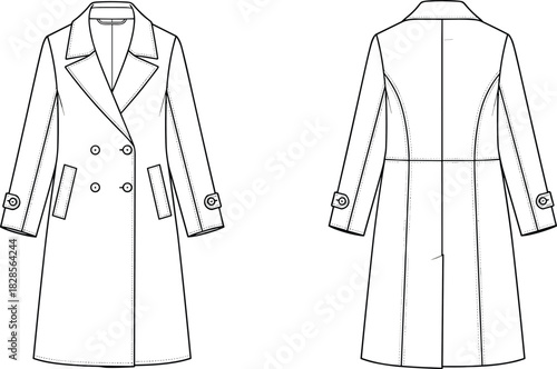 Women's Fitted Double Breasted Mid-Length Coat Overcoat Lapel Collar Fashion Flats Technical Sketch Vector Illustration Front and Back View CAD Template