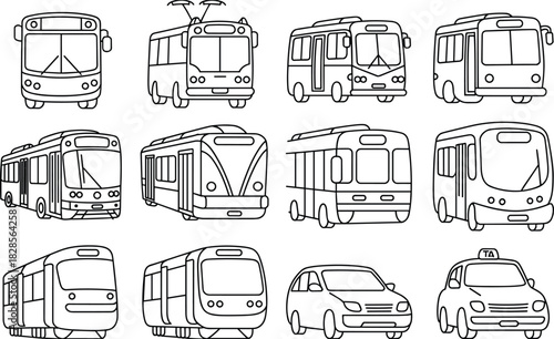 Black and white line art icons of public transportation vehicles including buses, trolleybuses, trams, cars, taxi, modern transit icons.