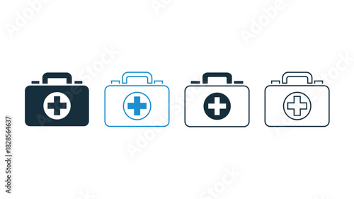 Four medical kit icons in varying styles and color schemes