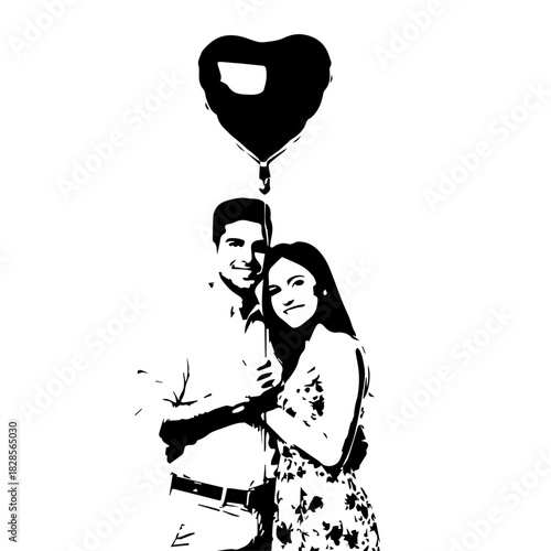Couple Tries to Reach Heart Balloon Together in Whimsical Portrait.