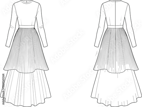 Women's layered gown technical flat sketch, front and back view, round neckline, long sleeves, tiered skirt, formal wear, fashion illustration, vector drawing