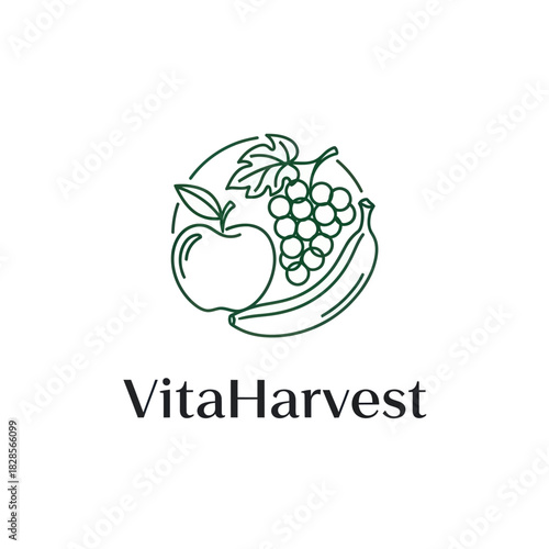 VitaHarvest Logo Featuring Apple Grapes and Banana.