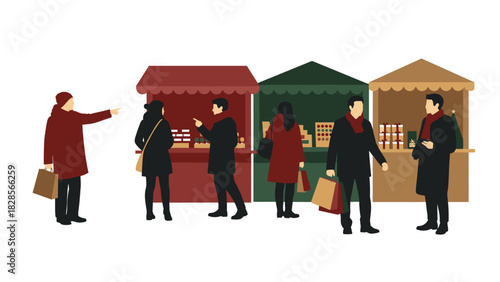 Festive shoppers browsing holiday market stalls, enjoying the cheerful atmosphere and unique gifts