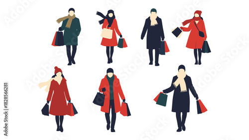 Stylish winter shoppers with bags, walking after holiday sales, vector style illustration