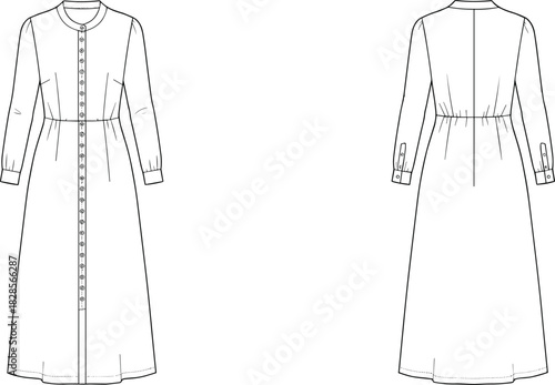 Women's long dress technical flat sketch, front and back view, button-down closure, round neckline, cuffed sleeves, waist shaping, fashion illustration, vector drawing