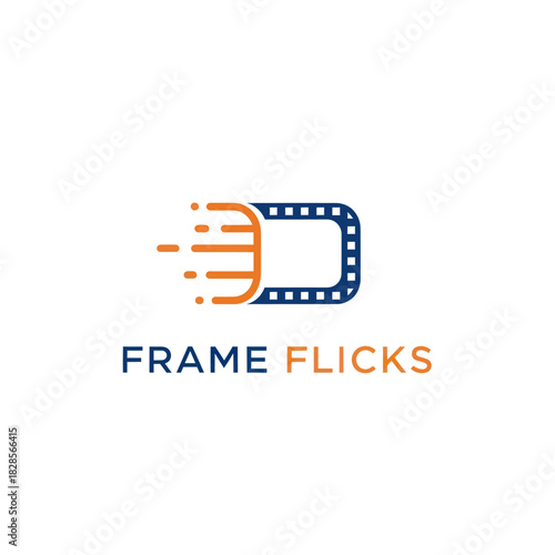 Frame Flicks logo with film strip design and orange speed lines, modern branding.