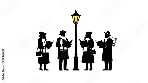 Festive Christmas carolers singing holiday songs under glowing street lamp vector art