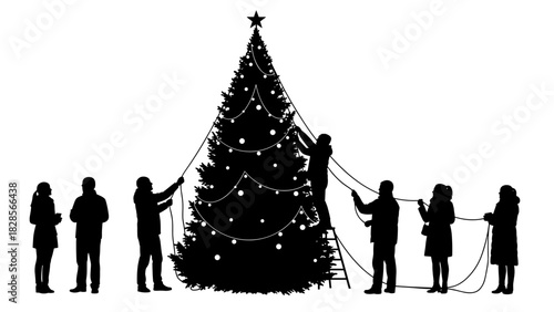 Charming family decorating Christmas tree with festive lights, spreading holiday cheer