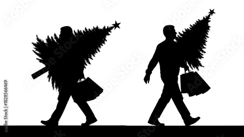 Holiday spirit silhouette: Man brings home Christmas tree after festive shopping trip