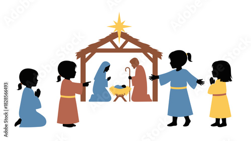 Children joyfully celebrate the nativity scene and the birth of Jesus Christ together