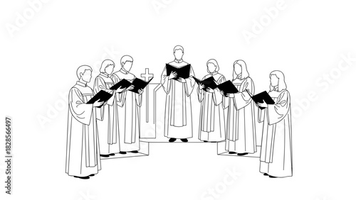 Choir singing hymns with robes and music books, church ceremony, faith and spirituality