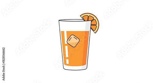 Refreshing orange juice with ice and citrus slice in a tall glass