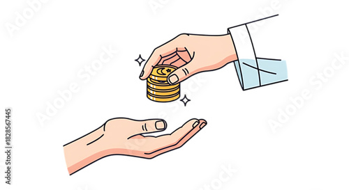 Generous hand offers stack of gleaming gold coins to receiving palm