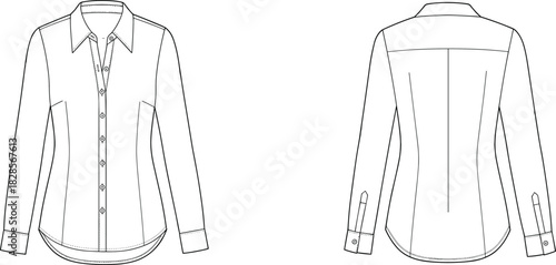 Women's Tailored Classic Button-Up Shirt Fitted Long Sleeve Collar Fashion Flats Technical Sketch Vector Illustration Front and Back View CAD Template