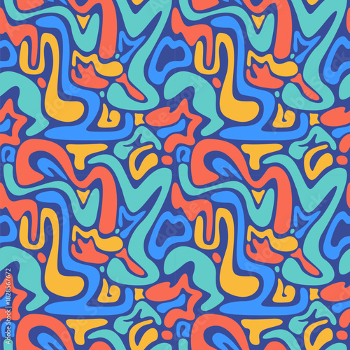 Colorful abstract seamless pattern. Creative geometric shape background trendy design with liquid wavy shapes. Doodle backdrop.