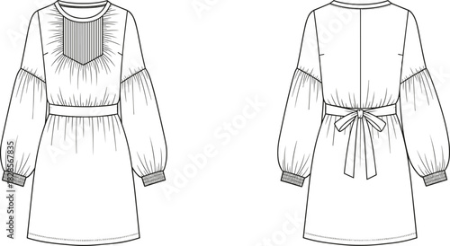 Women's technical fashion drawing of a boho-style tunic dress with voluminous bishop sleeves and a pin-tuck pleated yoke, vector flat sketch for apparel design, front and back view