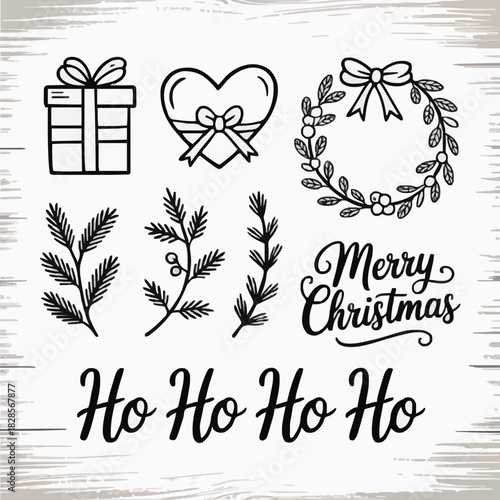 Christmas Doodle SVG Set: Wreath, Gift, Pine Branches, and Ho Ho Ho