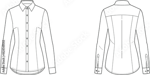 Women's technical fashion drawing of a classic tailored long-sleeve button-front shirt with a pointed collar, vector flat sketch for professional apparel design, front and back view